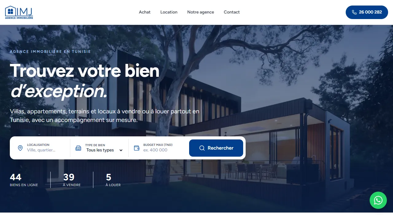 Page d’accueil du site de l’agence immobilière IMJ Immo